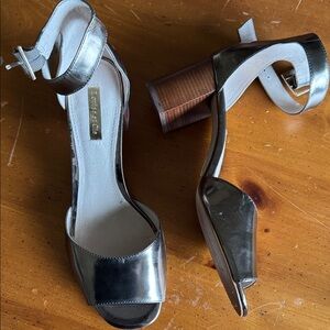 Louise et Cie Silver Metallic Block Heel Sandals with Ankle Strap